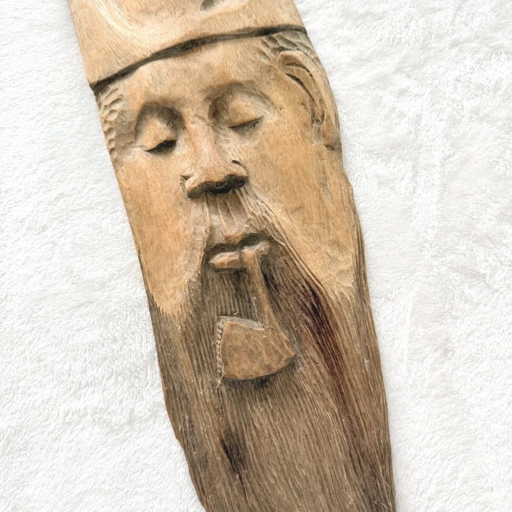 Vintage 70 Hand Carved Wooden Asian Sage Wall Mask Rustic Folk Art Hanging Decor